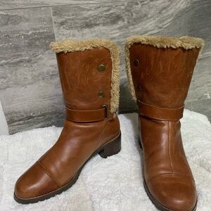 Anne Klein Tan Faux-Fur Trim Mid-Calf Heeled Boots